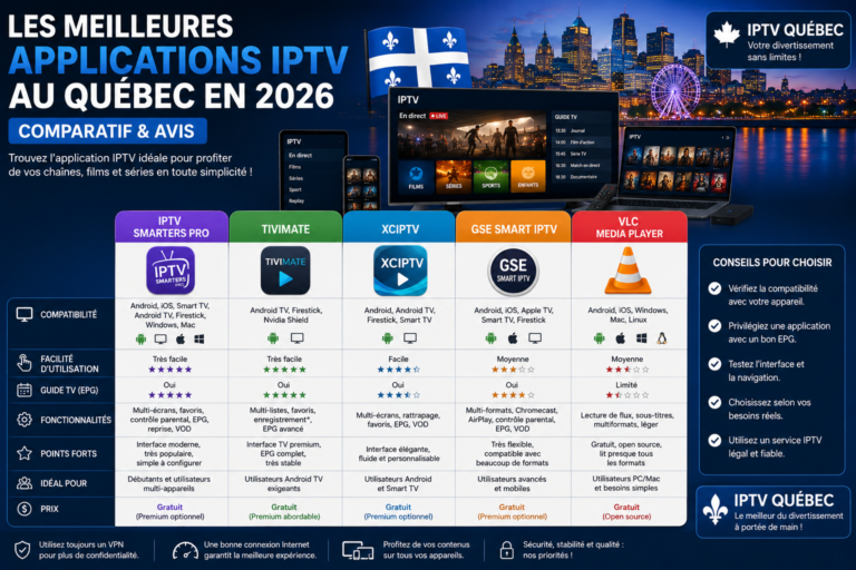 Meilleures applications IPTV au Québec en 2026 – comparatif IPTV Smarters Pro, TiviMate, XCIPTV et GSE Smart IPTV
