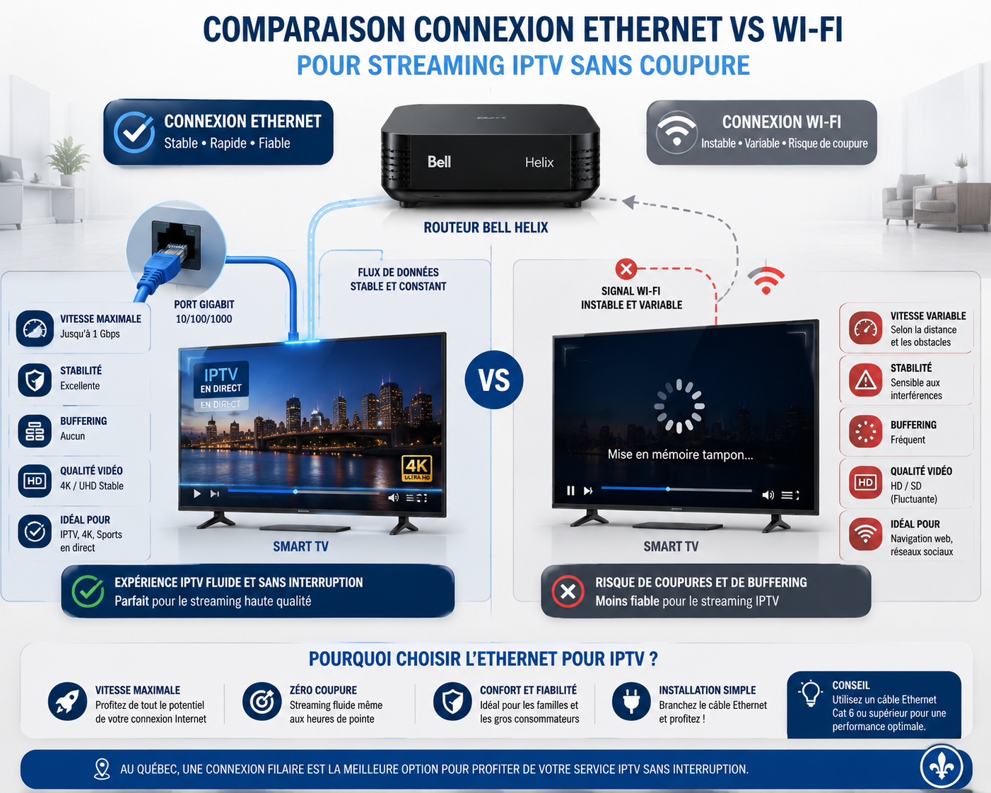 Dépannage IPTV au Québec : diagnostic réseau et analyse de connexion Wi-Fi vs Ethernet