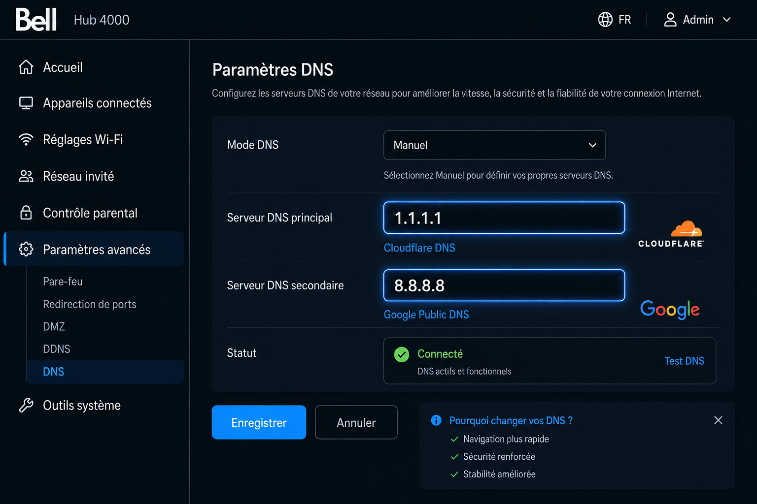 Dépannage IPTV : configuration DNS Cloudflare et Google sur routeur Bell Helix ou Vidéotron