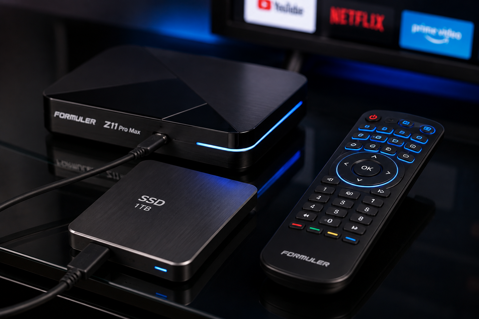 Accessoires et stockage externe SSD connecté à un boîtier IPTV pour l'enregistrement PVR